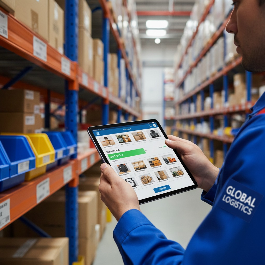 A warehouse worker in a blue uniform holds a tablet displaying an inventory management app while standing in an aisle with tall storage shelves.